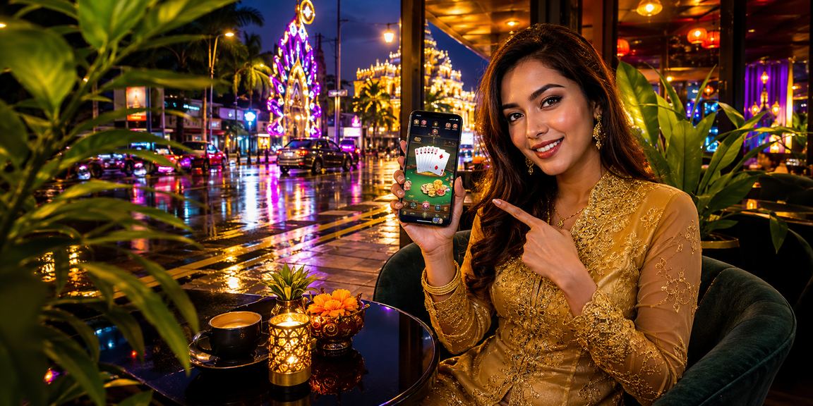 Seorang wanita bermain poker Teen Patti di telefon bimbit di Seremban